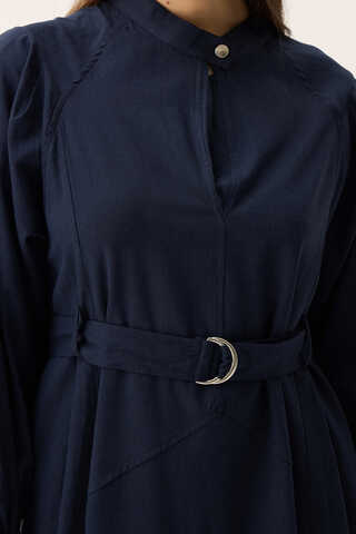 Mandarin Collar Sewn Linen Dress Navy Blue - 3