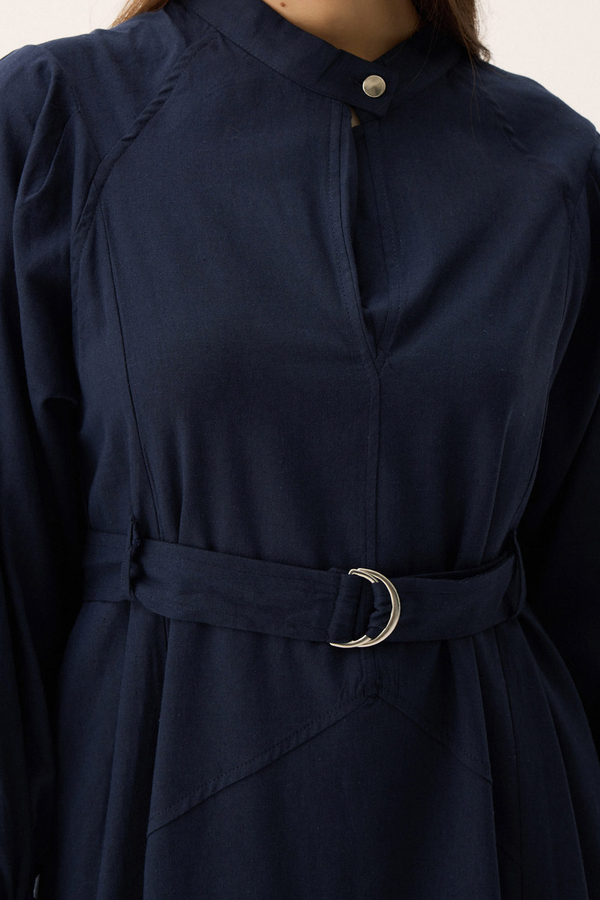 Mandarin Collar Sewn Linen Dress Navy Blue - 3