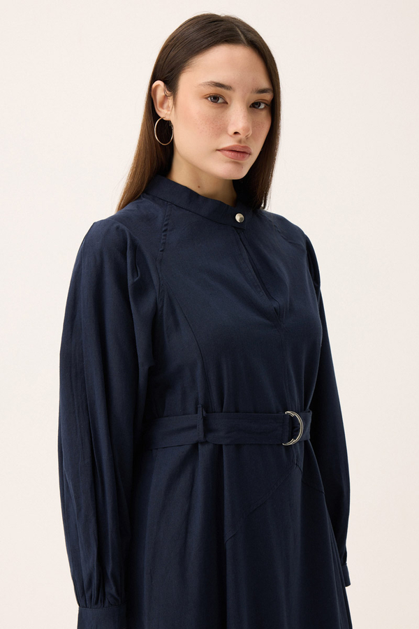 Mandarin Collar Sewn Linen Dress Navy Blue - 9