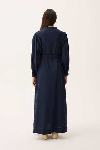 Mandarin Collar Sewn Linen Dress Navy Blue - 13