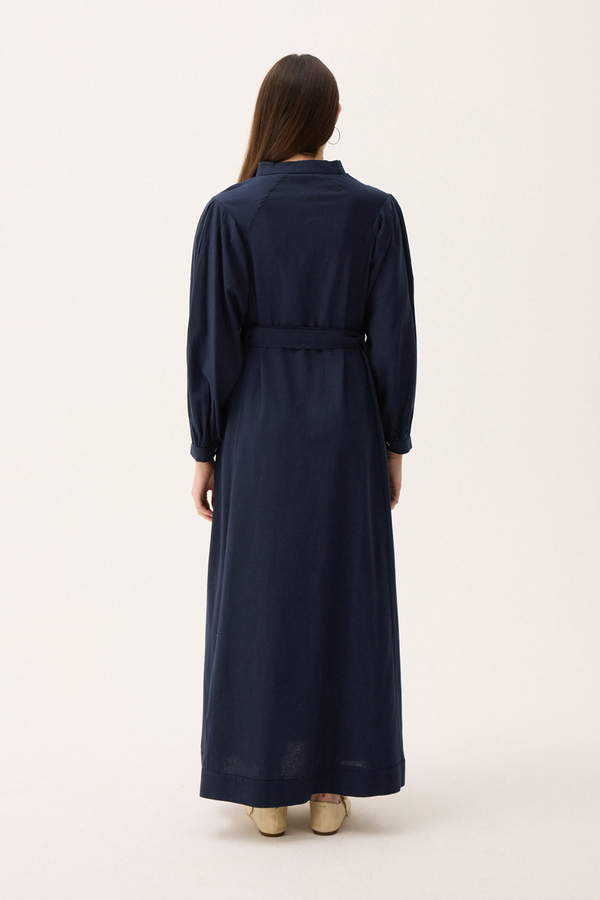 Mandarin Collar Sewn Linen Dress Navy Blue - 13