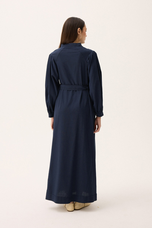 Mandarin Collar Sewn Linen Dress Navy Blue - 14