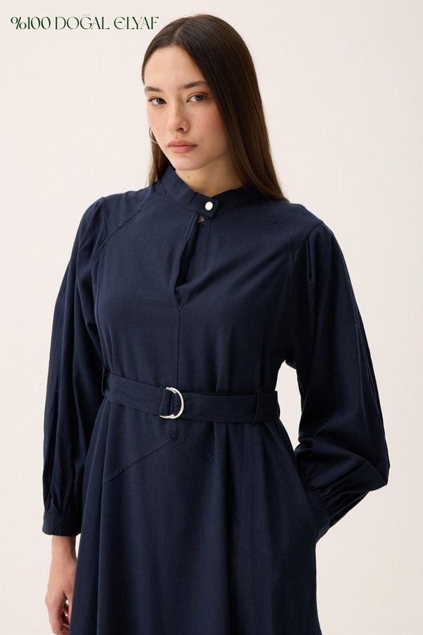 Mandarin Collar Sewn Linen Dress Navy Blue - 1