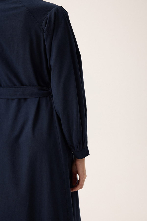 Mandarin Collar Sewn Linen Dress Navy Blue - 12