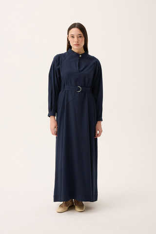 Mandarin Collar Sewn Linen Dress Navy Blue - 4