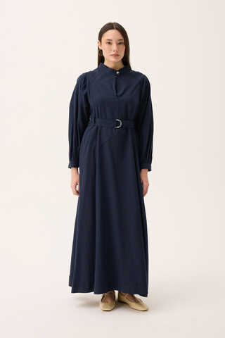 Mandarin Collar Sewn Linen Dress Navy Blue - 2