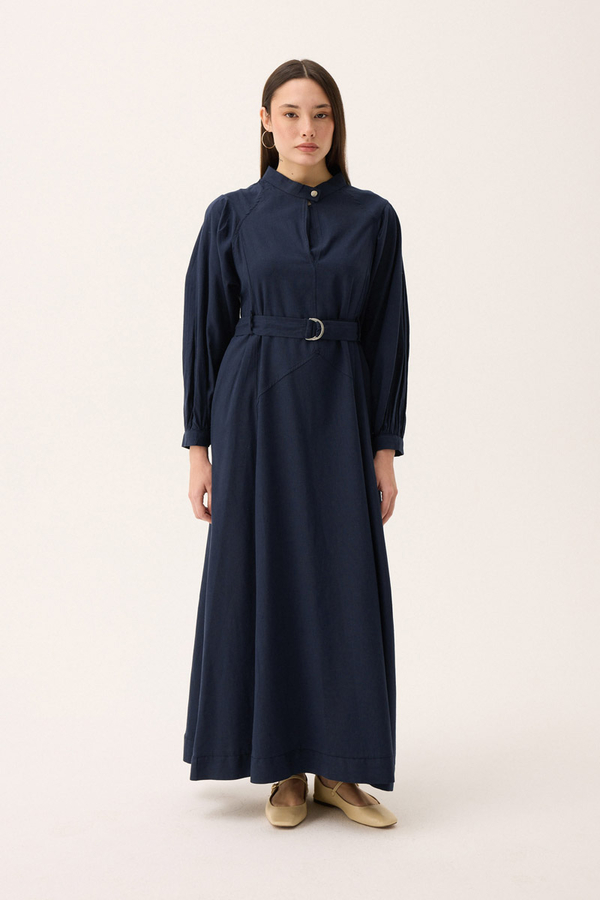 Mandarin Collar Sewn Linen Dress Navy Blue - 2