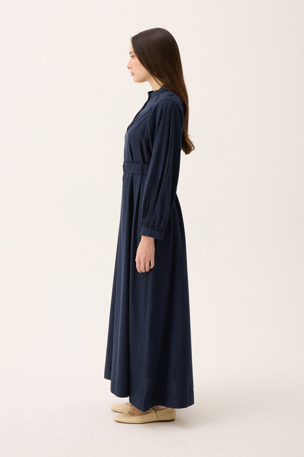 Mandarin Collar Sewn Linen Dress Navy Blue - 5