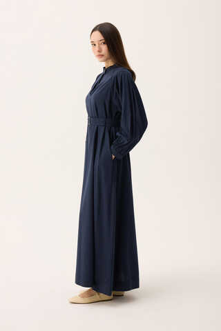 Mandarin Collar Sewn Linen Dress Navy Blue - 6