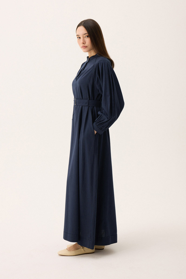 Mandarin Collar Sewn Linen Dress Navy Blue - 6