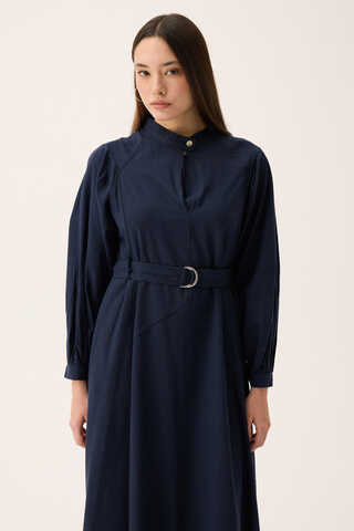 Mandarin Collar Sewn Linen Dress Navy Blue - 7