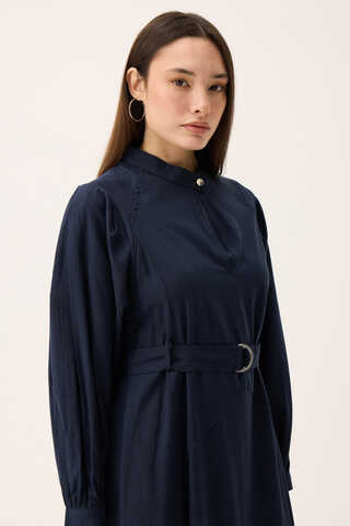 Mandarin Collar Sewn Linen Dress Navy Blue - 9