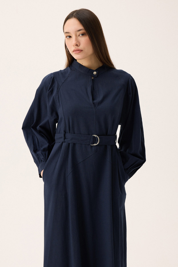Mandarin Collar Sewn Linen Dress Navy Blue - 10