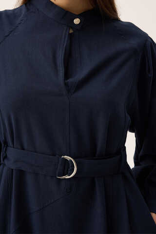 Mandarin Collar Sewn Linen Dress Navy Blue - 11