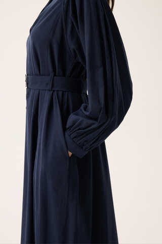 Mandarin Collar Sewn Linen Dress Navy Blue - 8