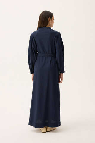 Mandarin Collar Sewn Linen Dress Navy Blue - 14