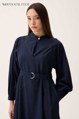 Mandarin Collar Sewn Linen Dress Navy Blue - 1