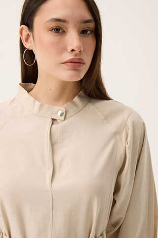 Mandarin Collar Sewn Linen Dress Stone - 8