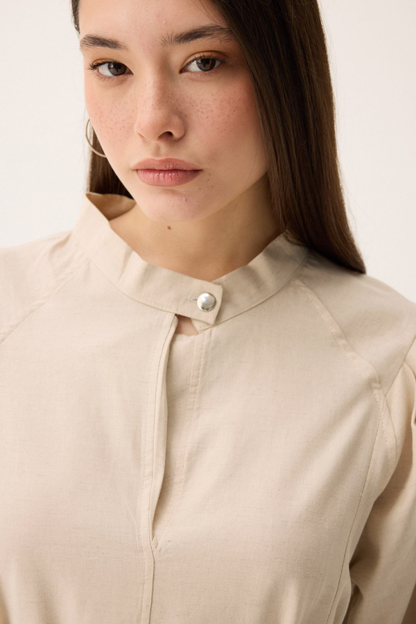Mandarin Collar Sewn Linen Dress Stone - 12