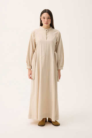 Mandarin Collar Sewn Linen Dress Stone - 4
