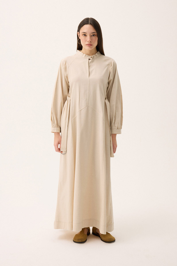 Mandarin Collar Sewn Linen Dress Stone - 4