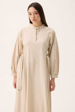 Mandarin Collar Sewn Linen Dress Stone - 7