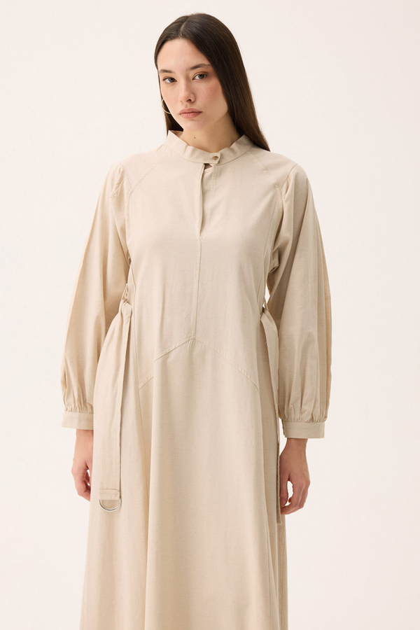 Mandarin Collar Sewn Linen Dress Stone - 7