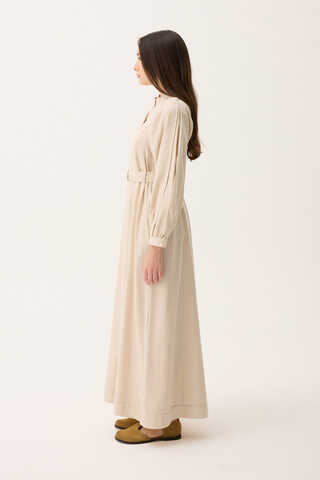 Mandarin Collar Sewn Linen Dress Stone - 11
