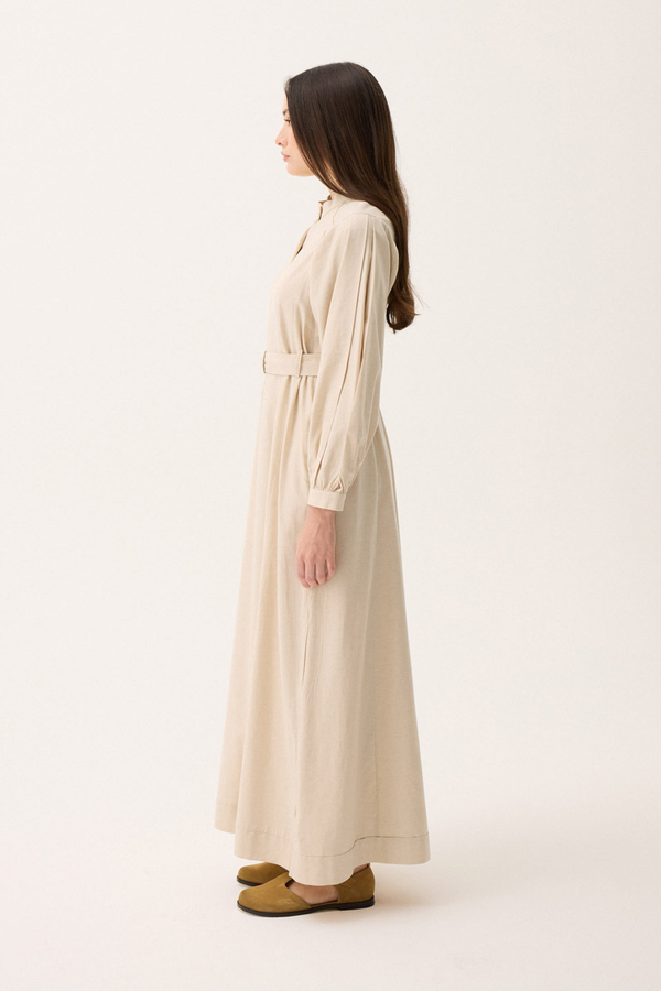 Mandarin Collar Sewn Linen Dress Stone - 11