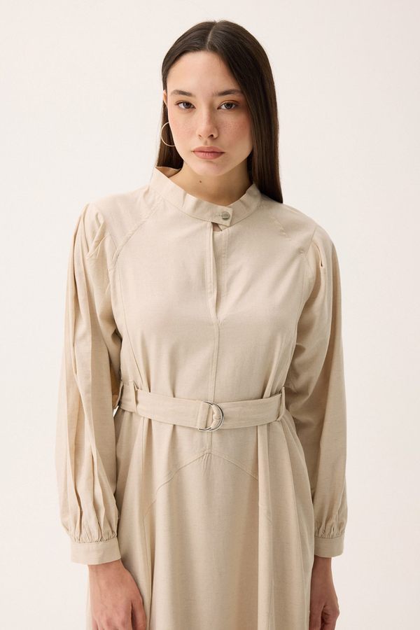 Mandarin Collar Sewn Linen Dress Stone - 6