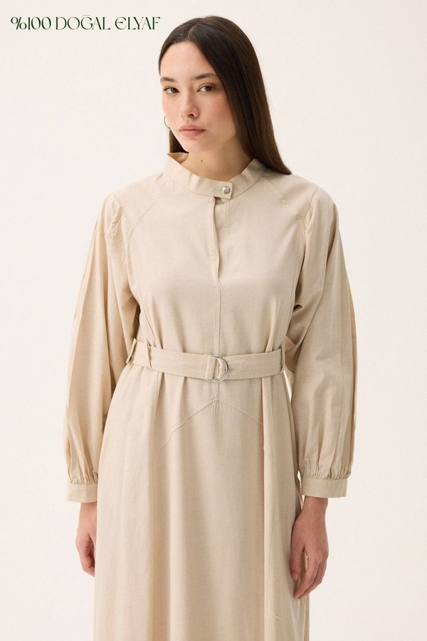 Mandarin Collar Sewn Linen Dress Stone 
