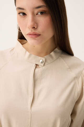 Mandarin Collar Sewn Linen Dress Stone - 12