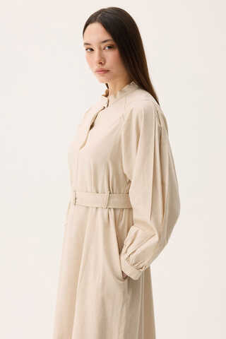 Mandarin Collar Sewn Linen Dress Stone - 13