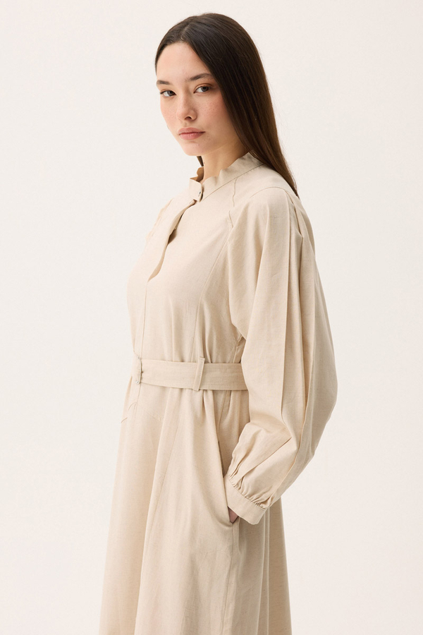 Mandarin Collar Sewn Linen Dress Stone - 13