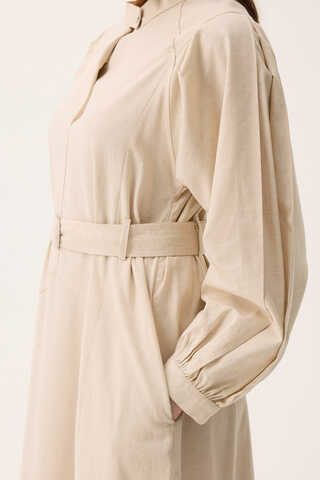 Mandarin Collar Sewn Linen Dress Stone - 5