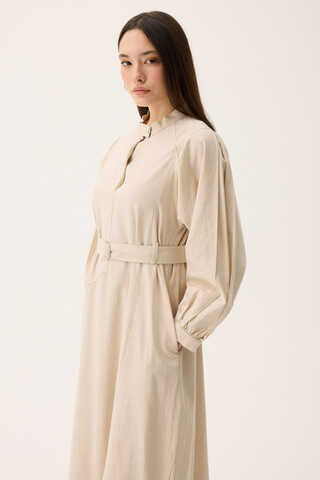 Mandarin Collar Sewn Linen Dress Stone - 14