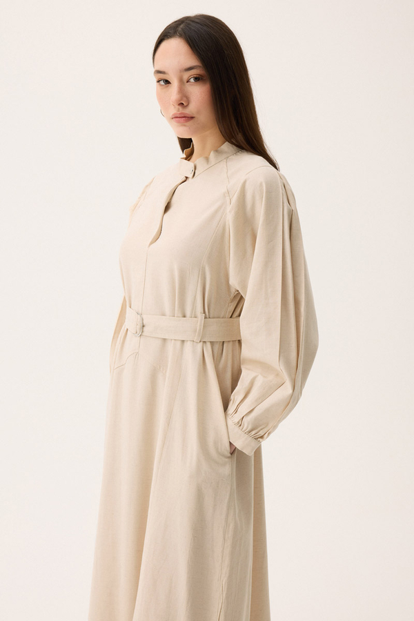 Mandarin Collar Sewn Linen Dress Stone - 14