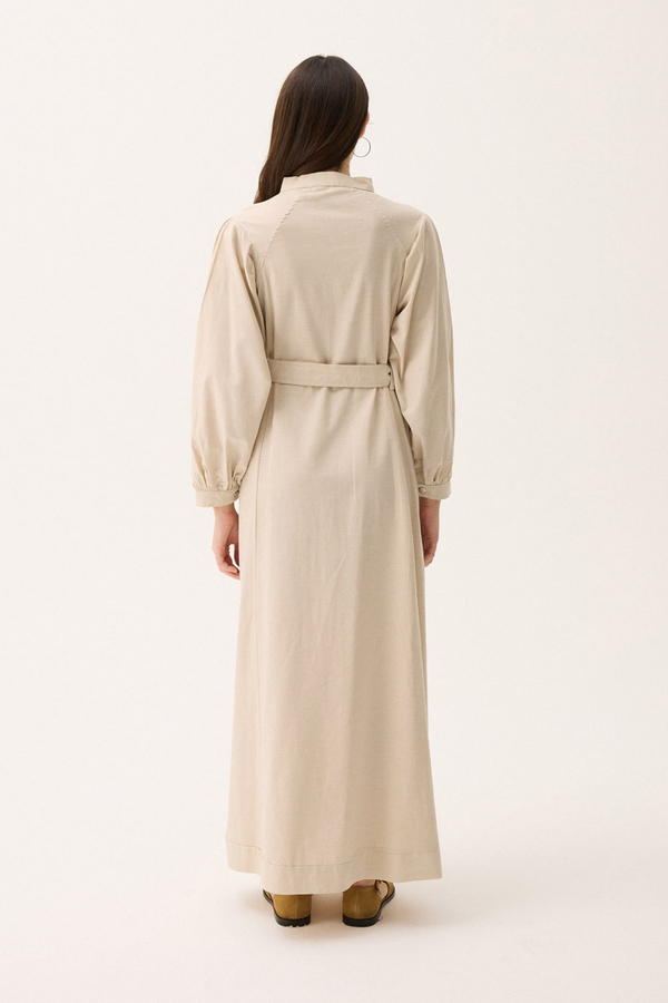 Mandarin Collar Sewn Linen Dress Stone - 17