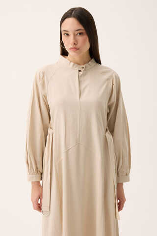 Mandarin Collar Sewn Linen Dress Stone - 15
