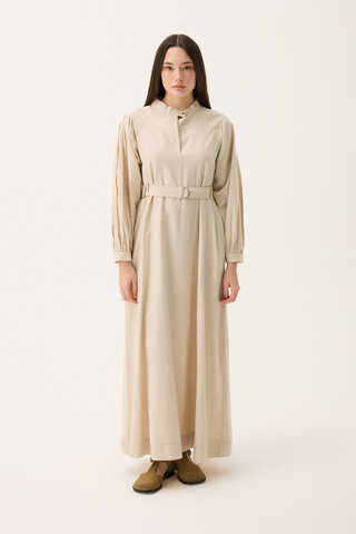 Mandarin Collar Sewn Linen Dress Stone - 16