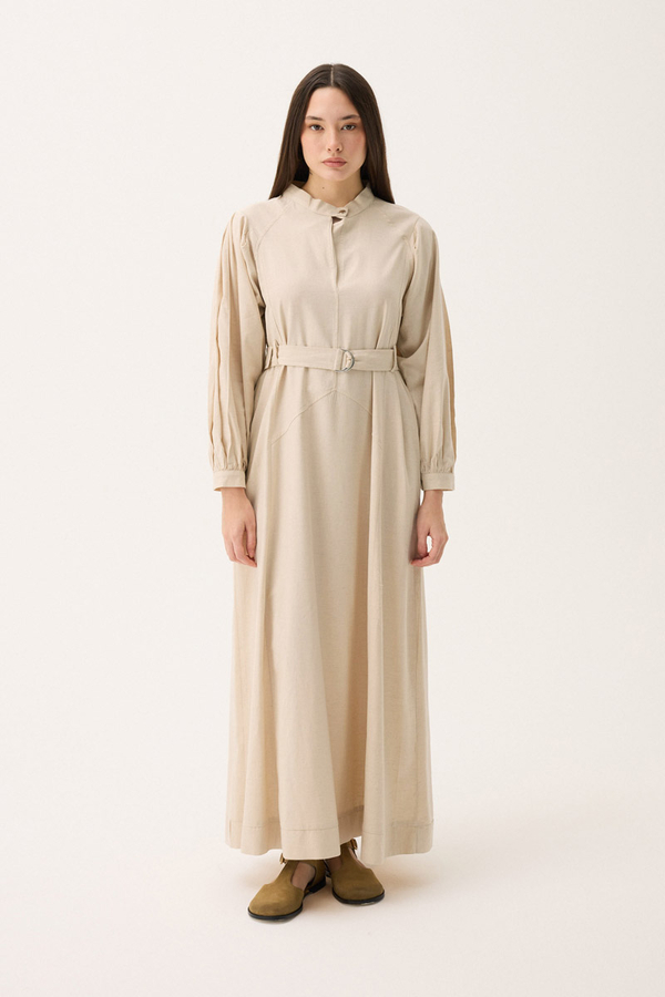 Mandarin Collar Sewn Linen Dress Stone - 16