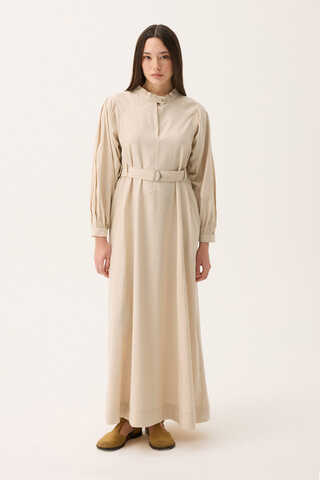 Mandarin Collar Sewn Linen Dress Stone - 2