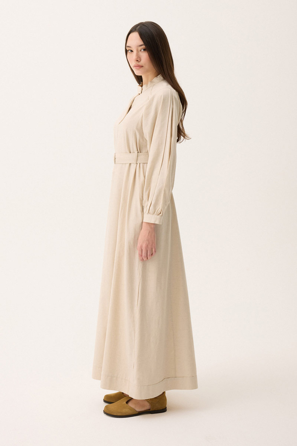 Mandarin Collar Sewn Linen Dress Stone - 3