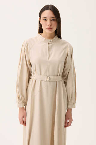 Mandarin Collar Sewn Linen Dress Stone - 10