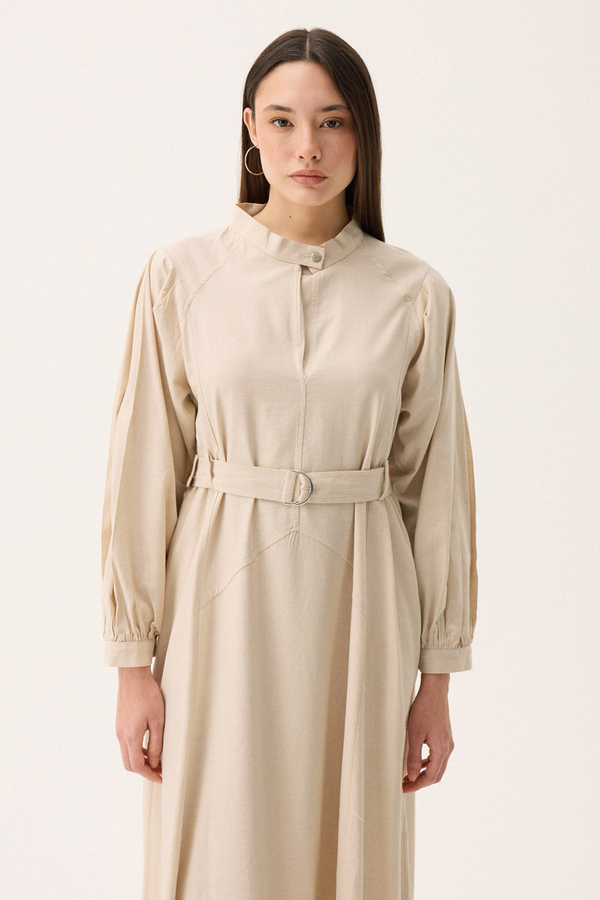 Mandarin Collar Sewn Linen Dress Stone - 10