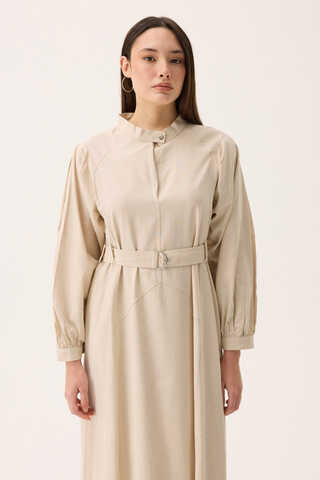 Mandarin Collar Sewn Linen Dress Stone - 9