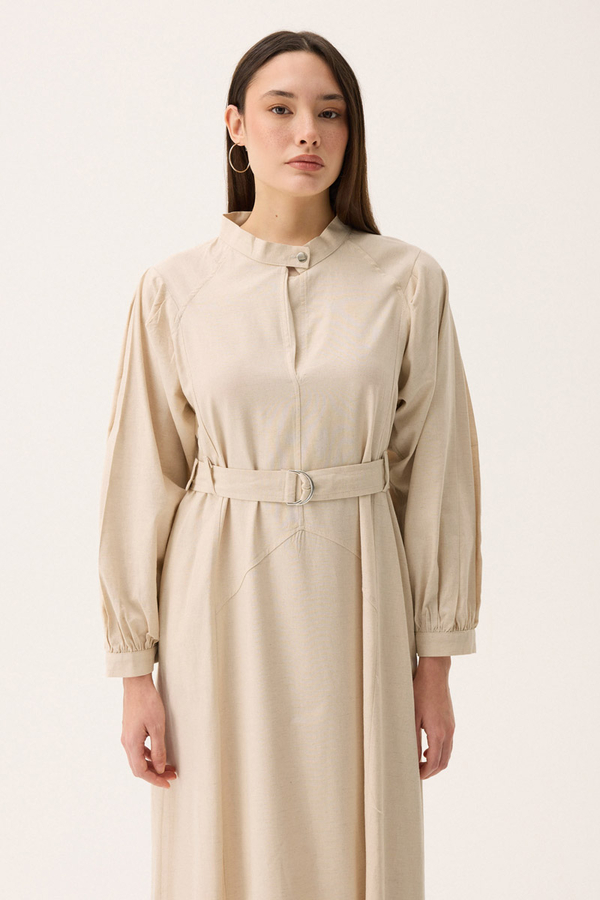 Mandarin Collar Sewn Linen Dress Stone - 9