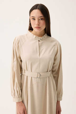 Mandarin Collar Sewn Linen Dress Stone - 6