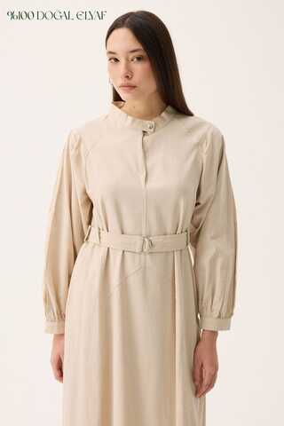 Mandarin Collar Sewn Linen Dress Stone - 1