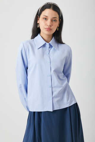 Manşeti Büzgülü Poplin Gömlek Bebe Mavisi - 3